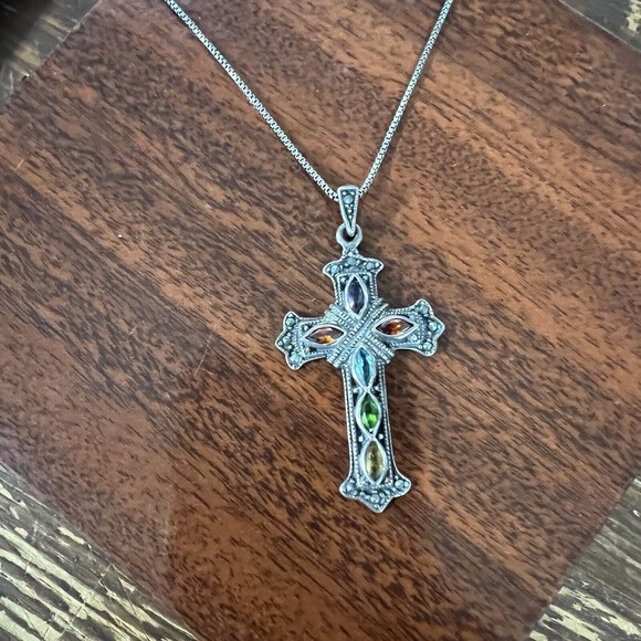 Sterling Silver .925 multi gemstone cross pendant necklace - Picture 1 of 11